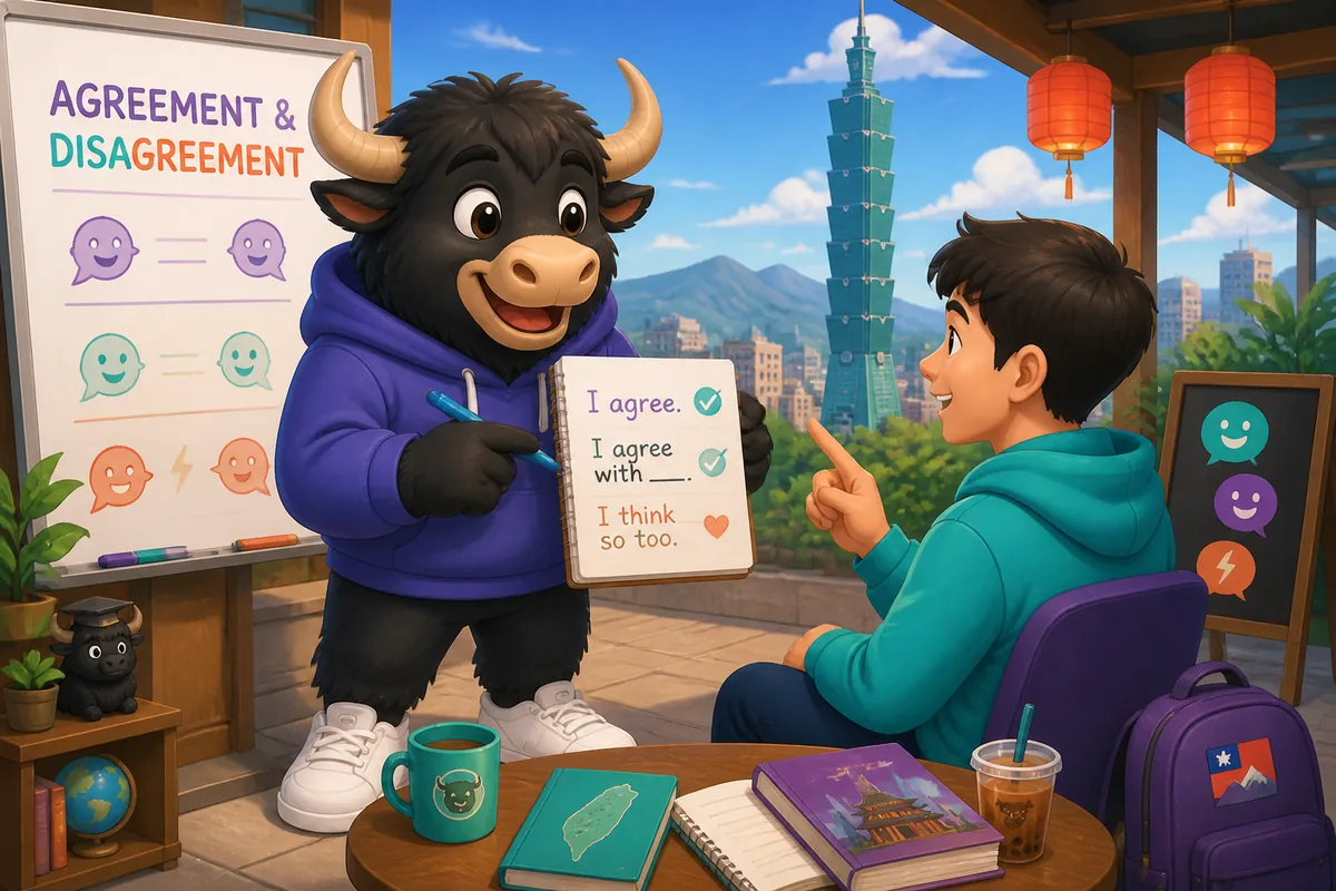 Two colleagues discussing a plan in Simplified Chinese about agreement and disagreement, friendly office scene.