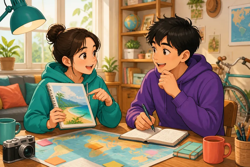 Anna and David talking in Simplified Chinese about a plan, using agreement and disagreement phrases naturally.