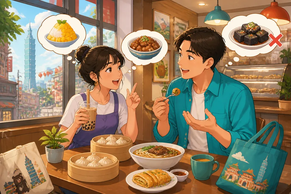 Anna and David at a small table talking about whether they prefer Chinese or Japanese food in Simplified Chinese; natural conversational scene.