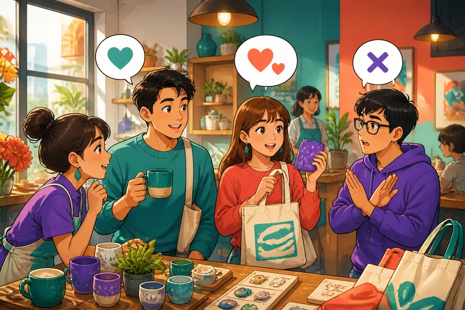 Close-up of a menu and two people pointing while discussing likes and dislikes in Simplified Chinese; friendly, everyday context for preferences.