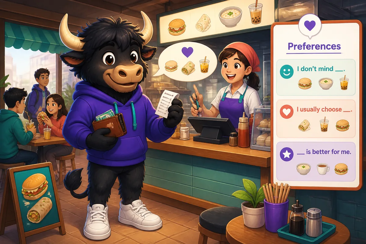 Two friends choosing between drinks at a café; Simplified Chinese phrases about preferences float above them.