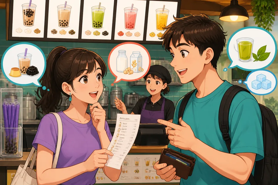 Anna and David talking in a café, using Simplified Chinese preference phrases to decide what to order.