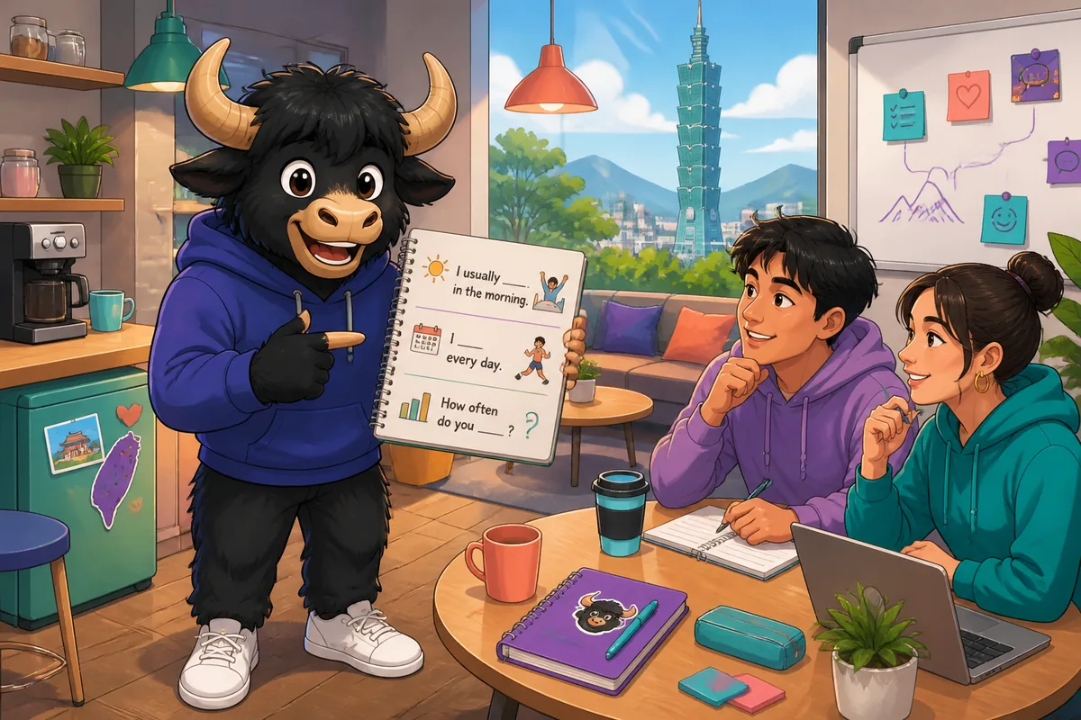 A friendly scene of two people talking about daily routines in Simplified Chinese — lesson topic: Habits.