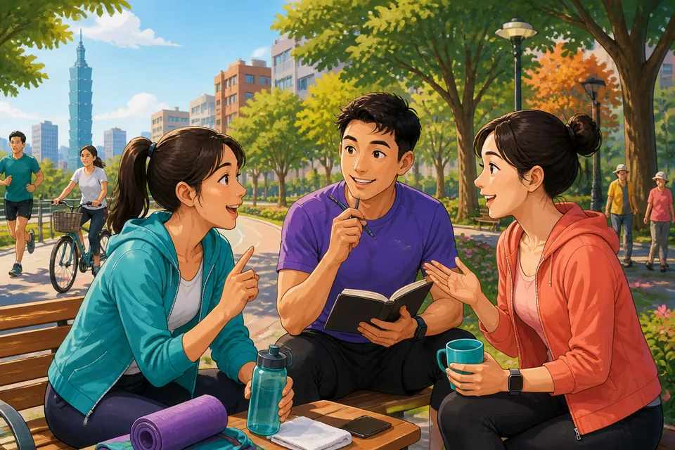 Close-up of a morning kitchen scene with Simplified Chinese text about routines — perfect for a Habits lesson.