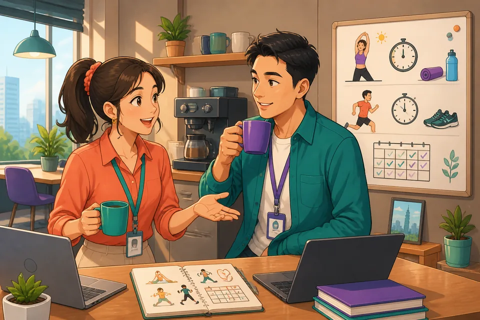 Anna and David talking while stretching before a run; the conversation shows phrases for frequency, recent changes, and sequencing tasks in Chinese.
