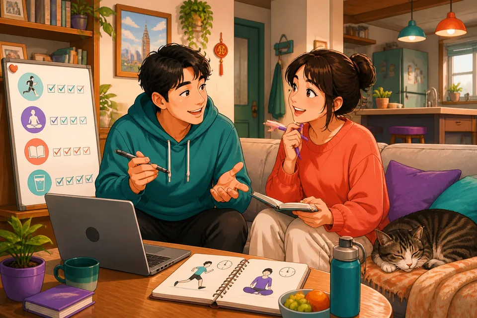 Two friends chatting near a park bench about daily routines; the Simplified Chinese lesson focuses on habits and timing.