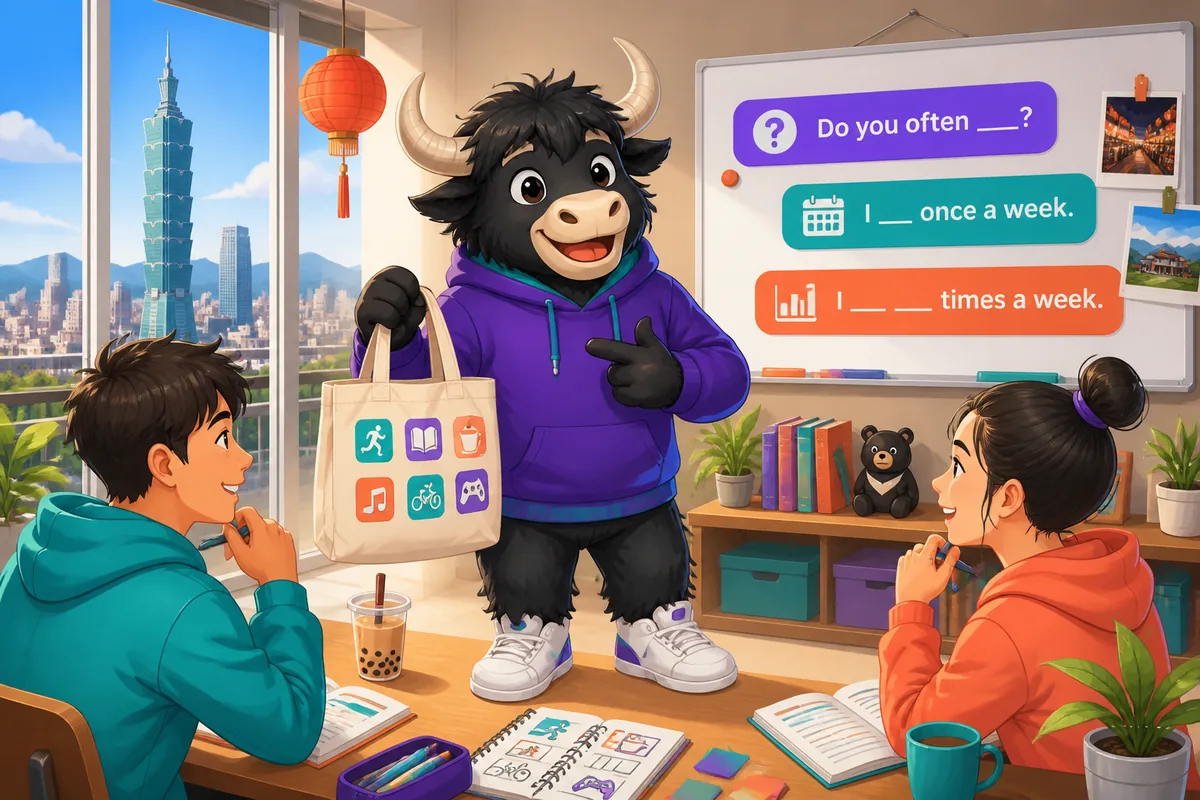 A friendly scene showing two people talking about their weekly routines in Simplified Chinese about frequency (你经常___吗？) with a calendar and gym bag visible.