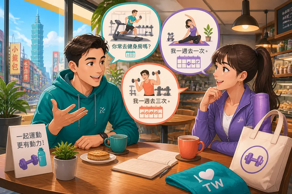 Anna and David chatting at a café about how often they go to the gym and their usual weekly schedule, shown with Simplified Chinese frequency phrases.