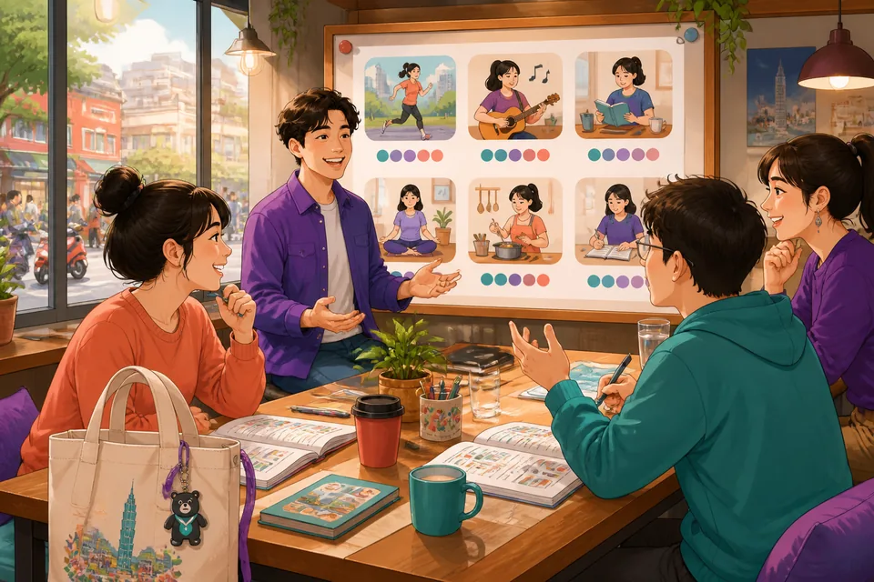 Two learners checking a calendar and saying frequency phrases in Simplified Chinese; the topic is weekly and monthly routines.