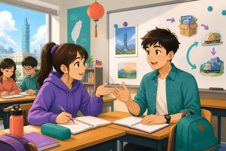 Anna and David stand by a window discussing why David moved apartments; the scene illustrates conversational reasons in Simplified Chinese.