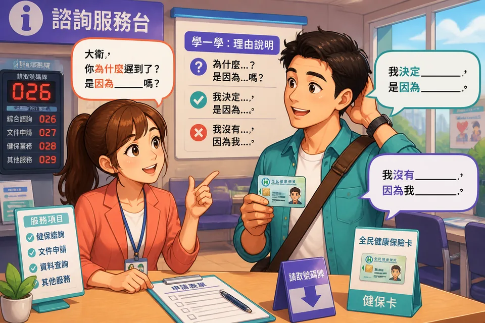 Anna and David at a table, discussing what led to a missed meeting in Simplified Chinese; one points at a phone while explaining reasons.