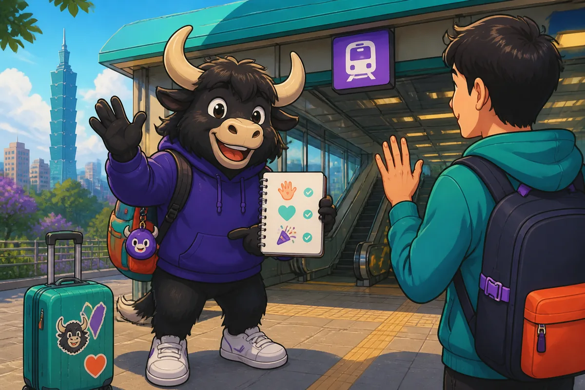 Two travelers saying goodbye at a station, Simplified Chinese goodbyes on a sign.