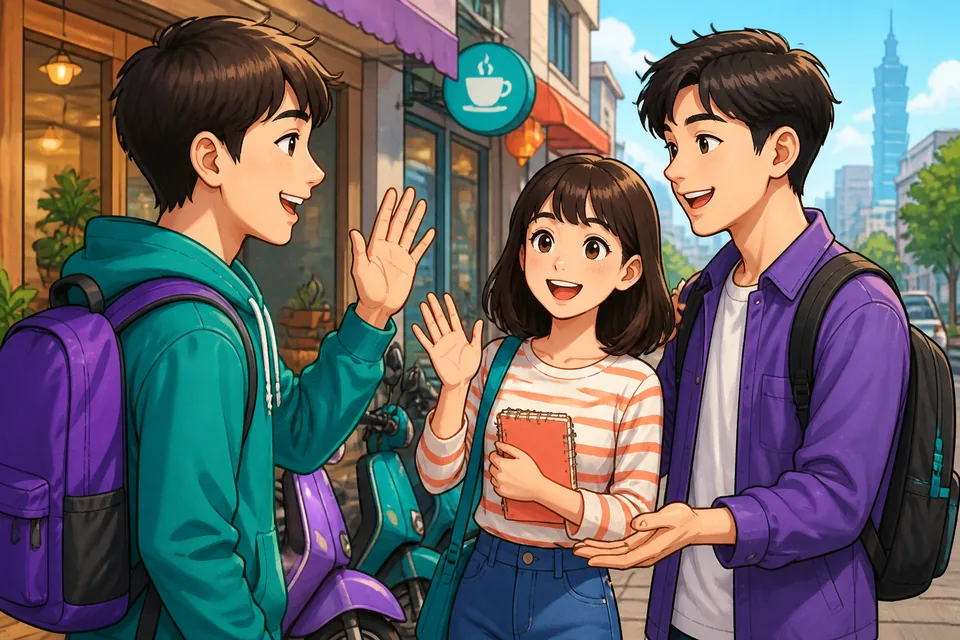 A friendly departure scene with people waving; text shows core Simplified Chinese farewell phrases.