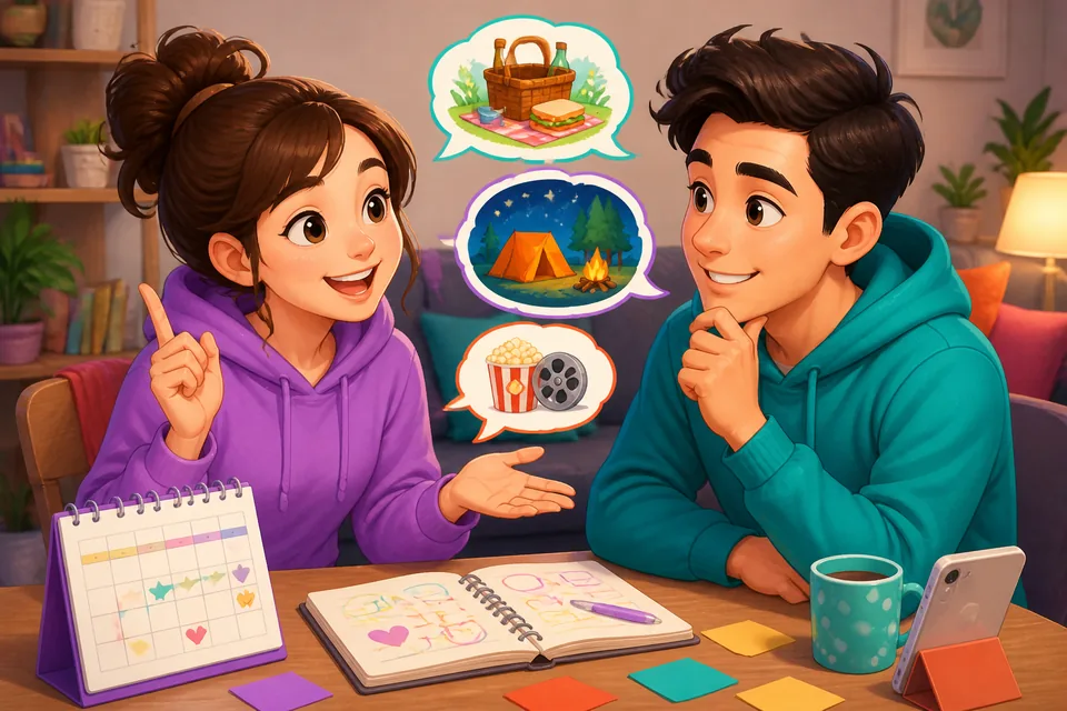 Anna and David sitting at a café, using example phrases in a natural conversation with visible Simplified Chinese phrases.