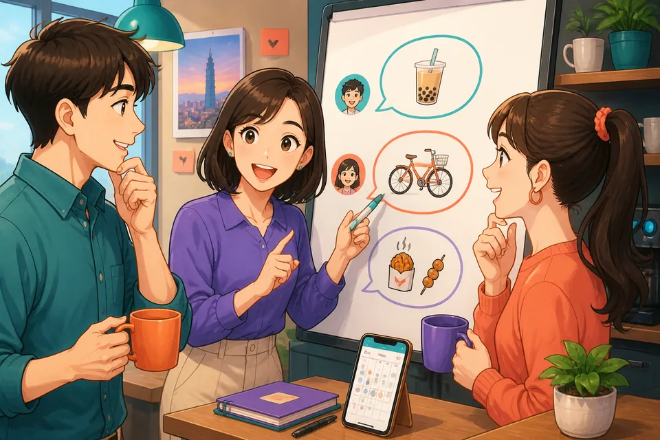 Two colleagues chatting in an office; Simplified Chinese text bubbles show phrases like 比如 and 举个例子.
