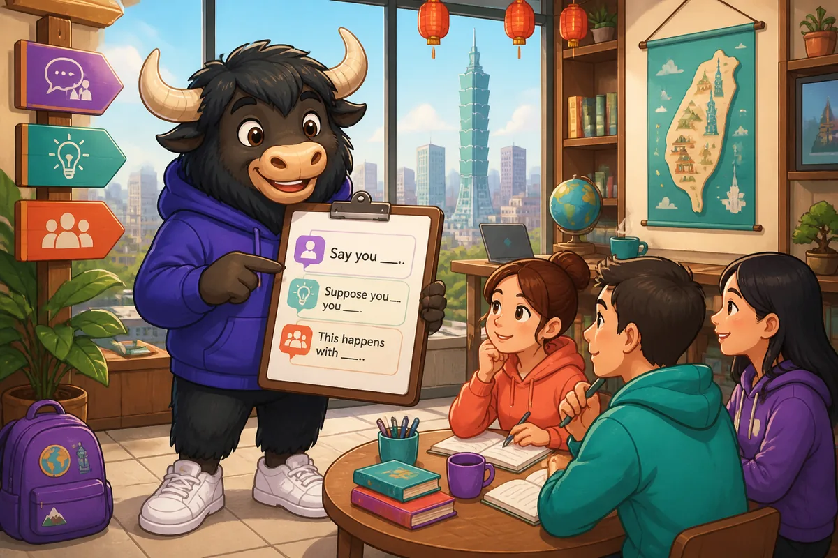 A person explaining ideas in Simplified Chinese with speech bubbles showing example phrases; topic: giving examples and hypotheticals.