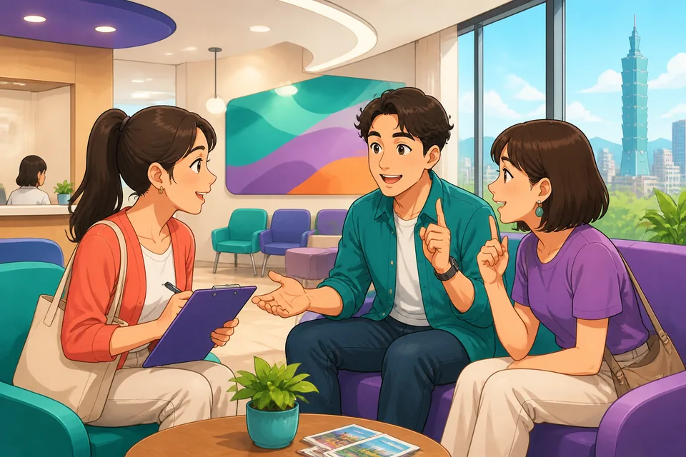 Two colleagues in an office discussing possible situations in Simplified Chinese, demonstrating frames for examples and comparisons.