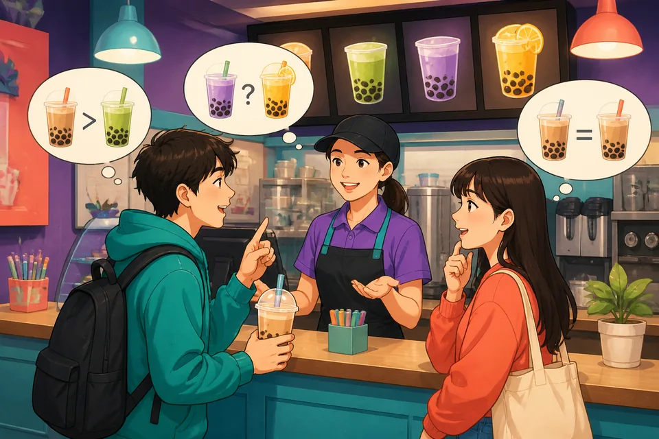 A friendly shop scene where customers compare phones and restaurants using Simplified Chinese comparison phrases.