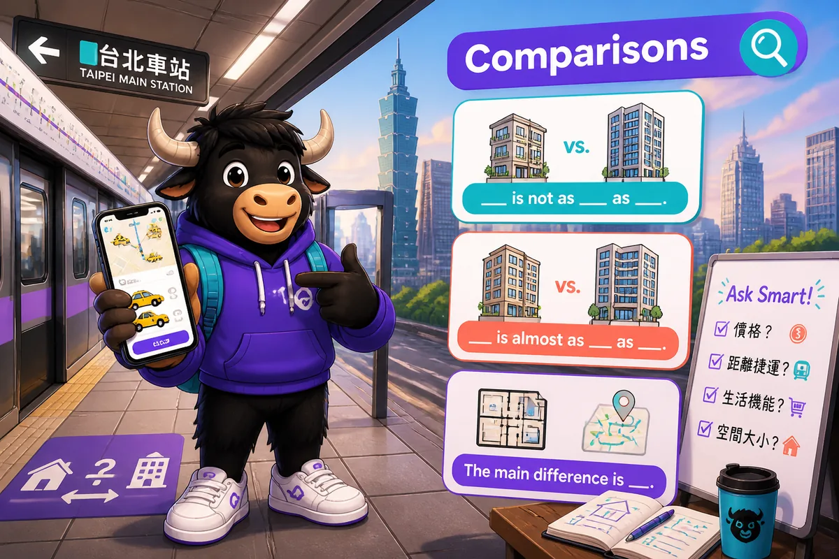 Simplified Chinese lesson image showing two people comparing phones at a market — lesson topic: Comparisons, practical phrases in Chinese.