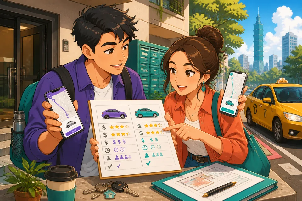Anna and David comparing two phones at a café table while using Chinese comparison phrases — a natural conversation scene for the mini-dialogue.
