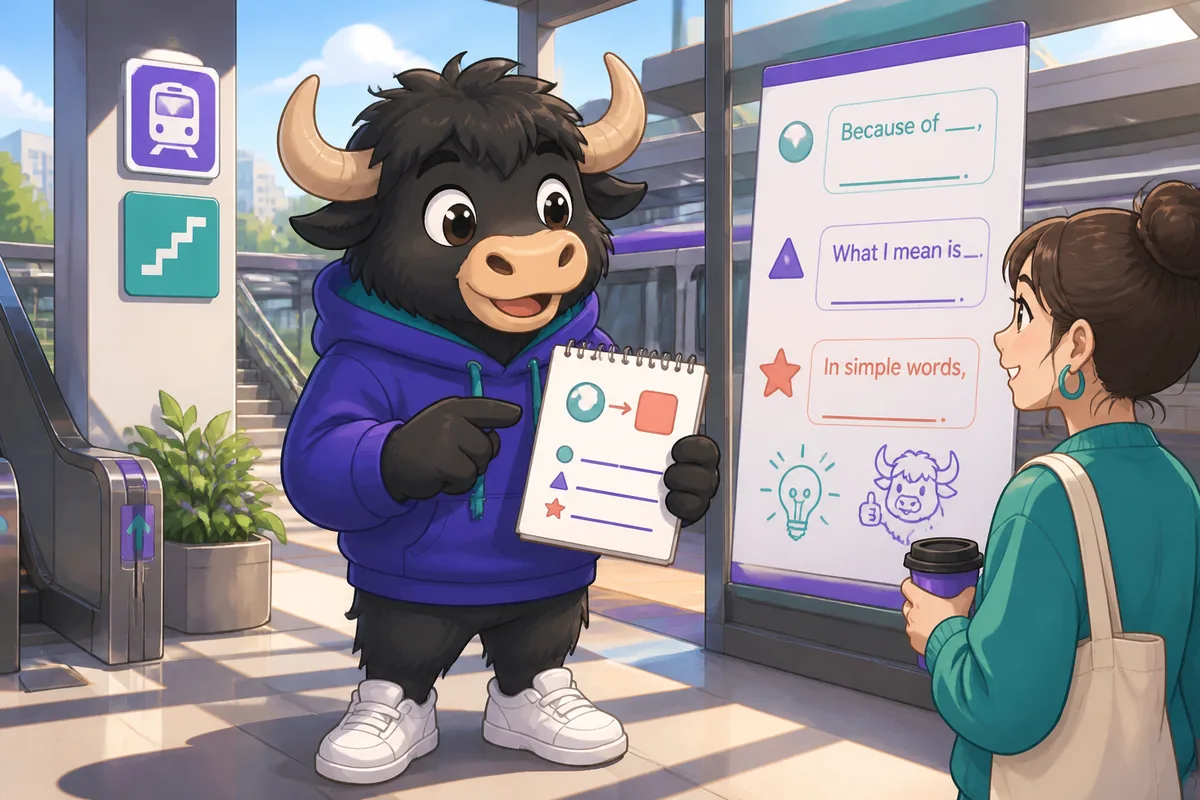 Two colleagues explaining a project in Simplified Chinese with speech bubbles showing phrases like 因为…所以….