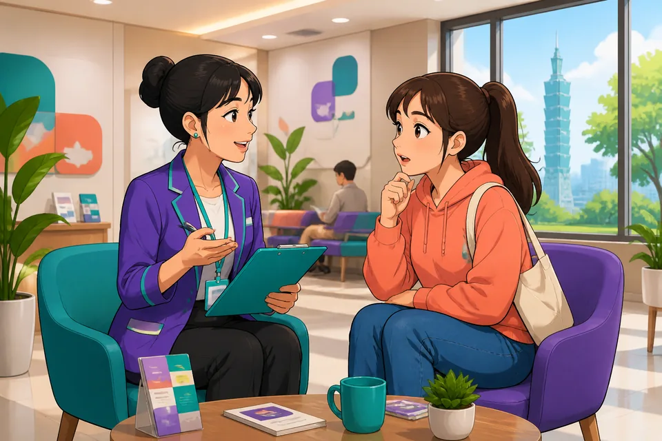Two coworkers with coffee talking through reasons and differences, representing the lesson topic: simple explanations in Simplified Chinese.
