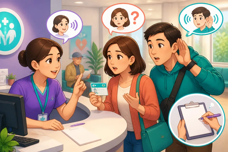 Two colleagues in an office glance at a phone and one asks for clarification in Simplified Chinese about a complicated address.