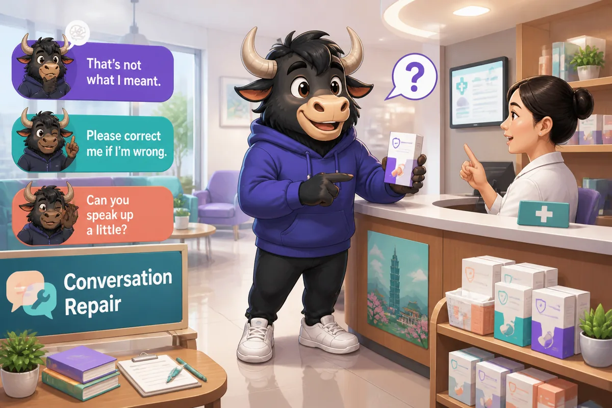 A friendly phone-call repair scene with two people using Simplified Chinese repair phrases — Conversation Repair lesson image.