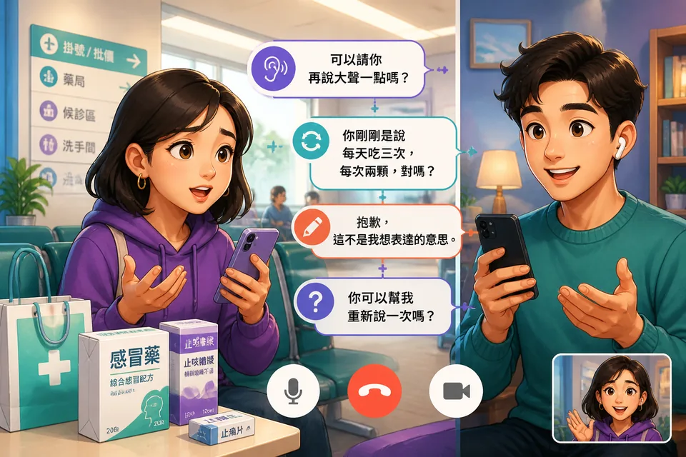 Anna and David on a shaky video call, asking each other to repeat and to speak louder in Simplified Chinese.