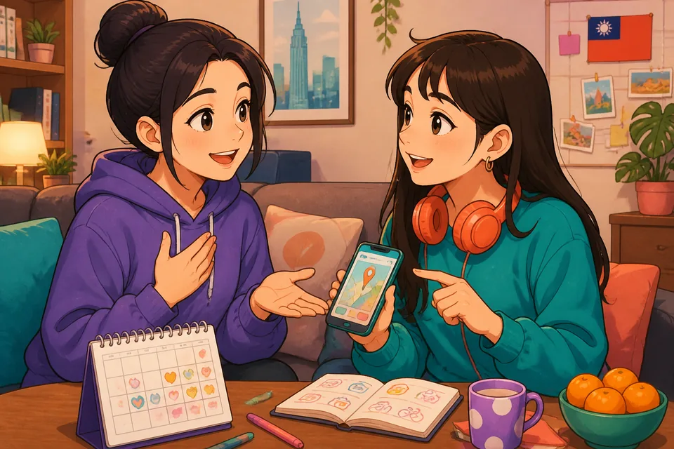 Anna and David stand on a sidewalk chatting, exchanging names, where they are from and languages in Simplified Chinese.