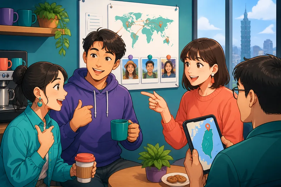 Two friends at a park sharing names and hometowns in Simplified Chinese, friendly A1-level identity phrases visible.