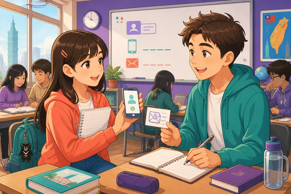 Close-up of Anna and David smiling and writing each other's phone number and email in Simplified Chinese during a brief conversation about where they study and work.