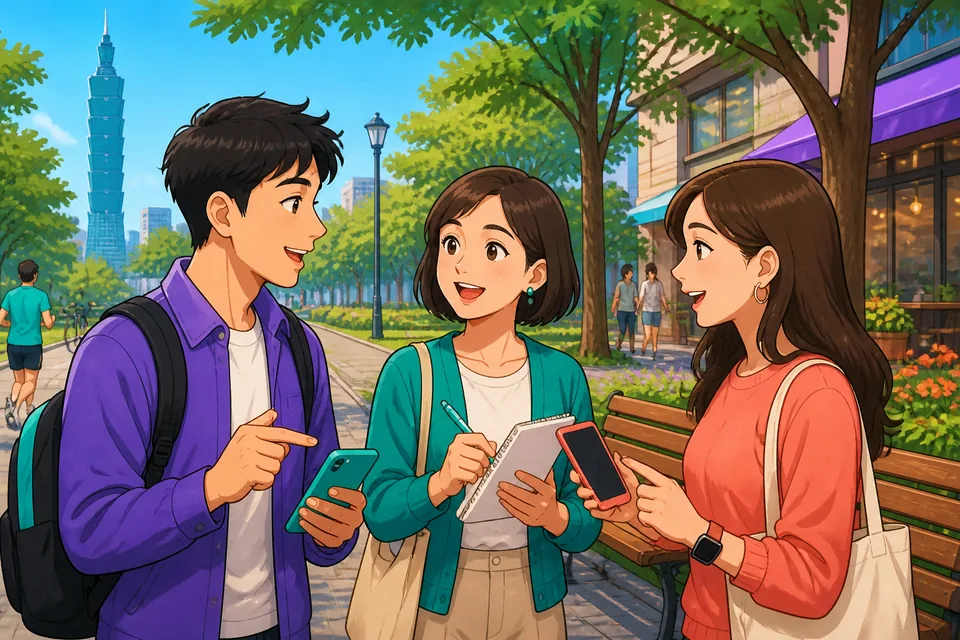 Two students in a campus courtyard exchanging basic identity info in Simplified Chinese — name, school, phone, email.