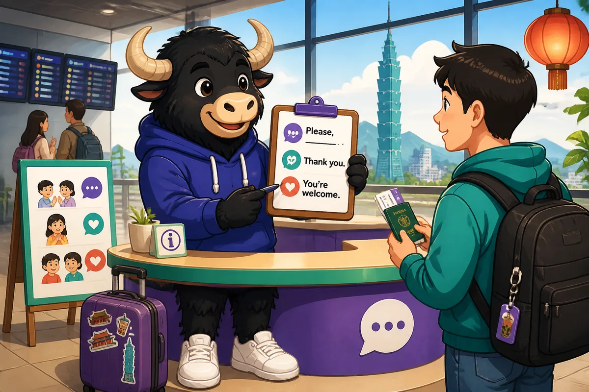 A friendly scene showing two people politely talking in Simplified Chinese about asking for help and saying thank you; bright street-café background for the Politeness lesson.