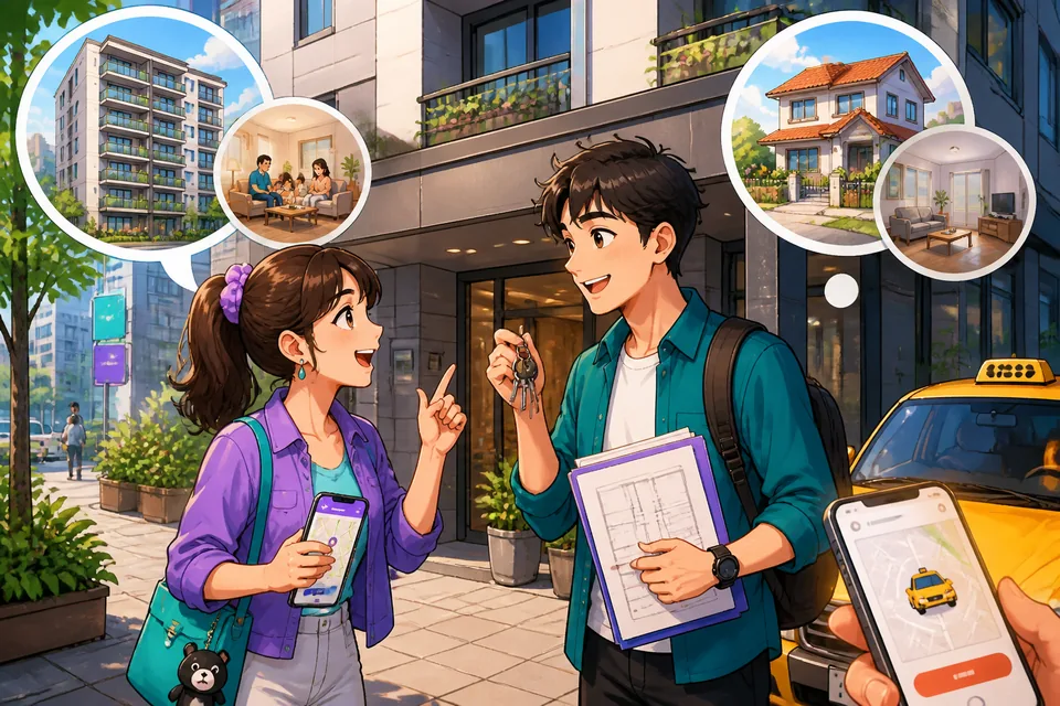 Anna and David talking in front of a building entrance about apartments, floors, and how far the place is — a natural home-life scene in Simplified Chinese.