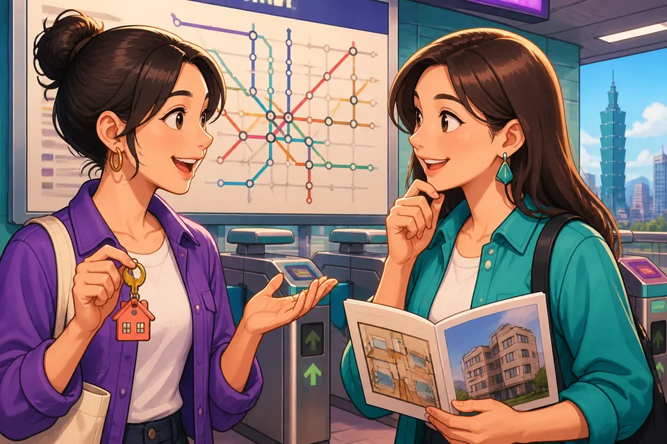 Two friends sit at a kitchen table in a small apartment discussing 房租多少钱？(how much the rent is) and whether to find a new place.