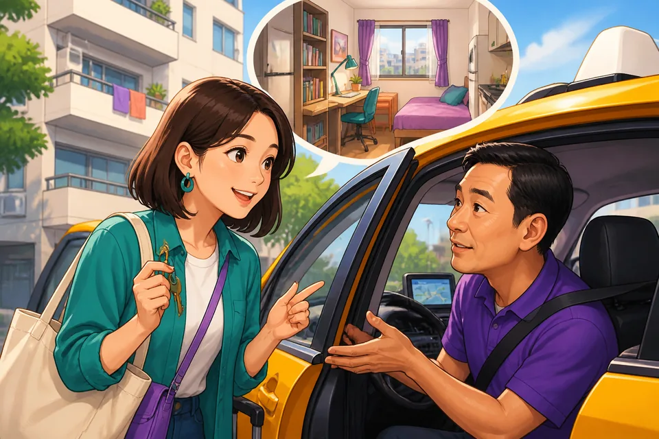 A street view of a quiet neighborhood with shops and apartment buildings, representing 我家附近 (my neighborhood) and talking about location and convenience.
