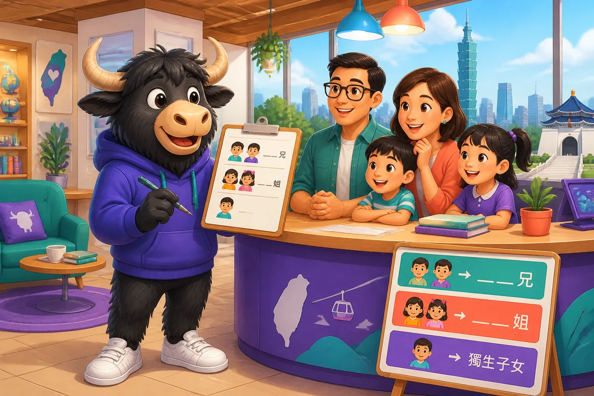 A cozy family photo scene with parents and children, representing Simplified Chinese Family vocabulary practice.