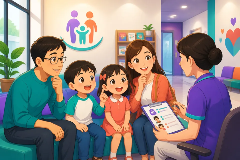 Two neighbors chatting outside an apartment building about their families in Simplified Chinese.