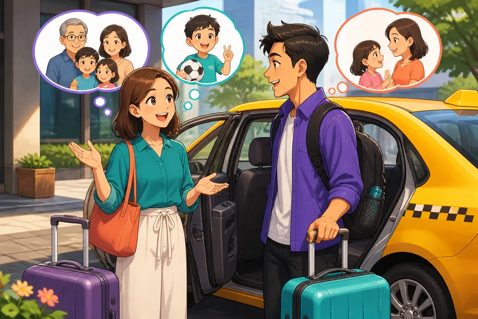 Anna and David talking about parents, siblings, and where relatives live; a city view suggests distance and travel.