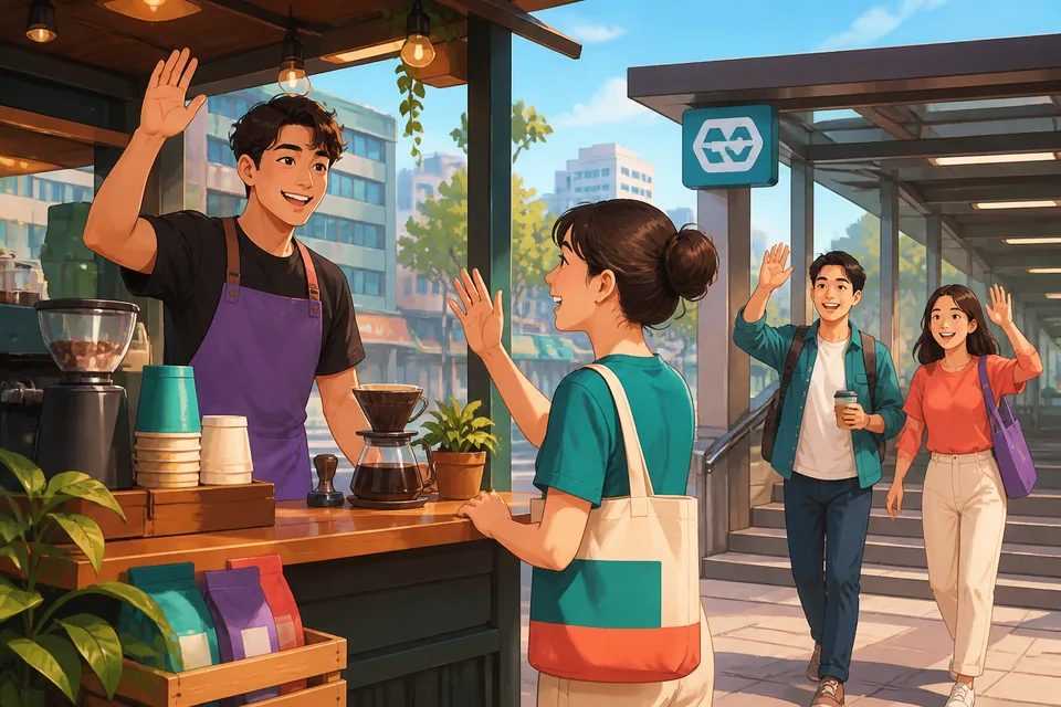 Two colleagues chatting in Simplified Chinese about jobs and schedules in a modern office kitchen.