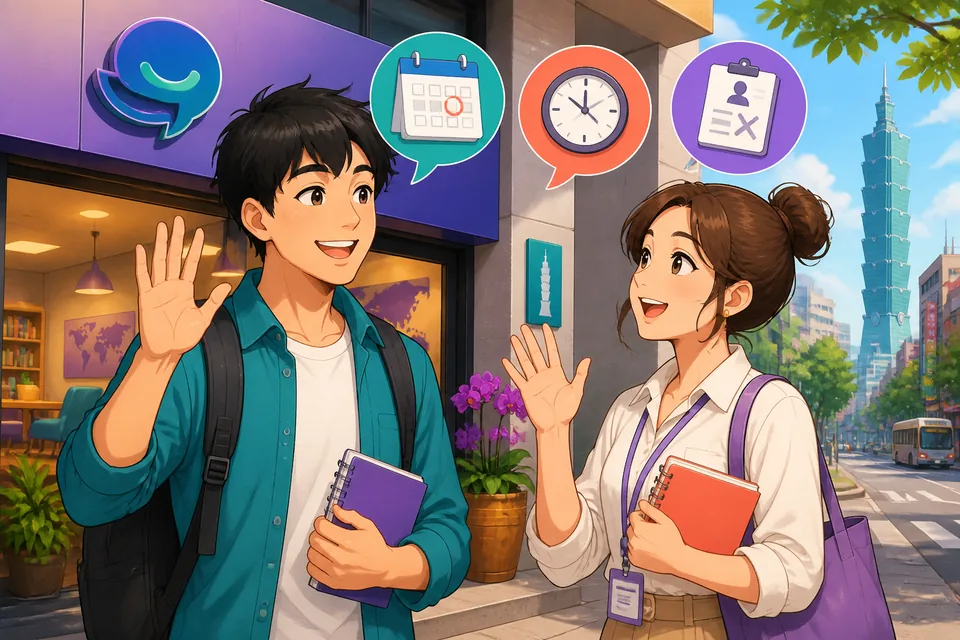 Two coworkers speaking beside a desk, one asking permission to leave and the other checking a sent email in Simplified Chinese.