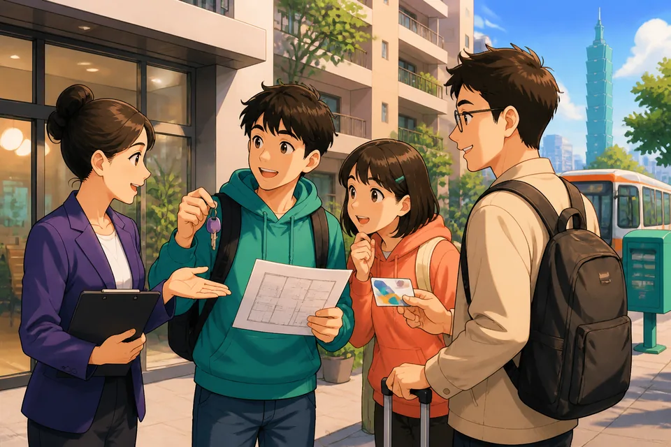 Students talking in Simplified Chinese about grades and favorite subjects beside schoolbooks and a timetable.