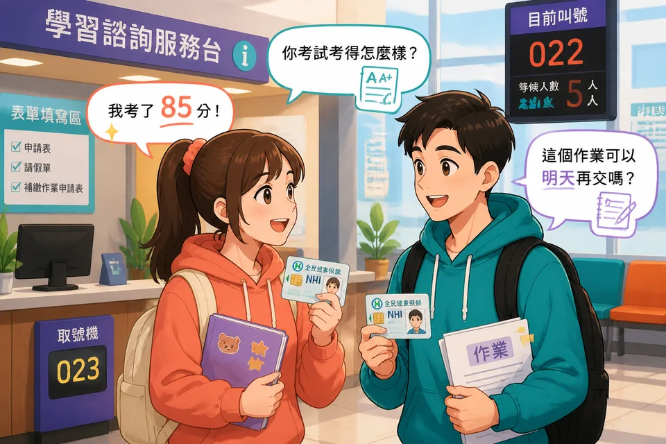 Two classmates talking about a test and homework in Simplified Chinese inside a school courtyard.