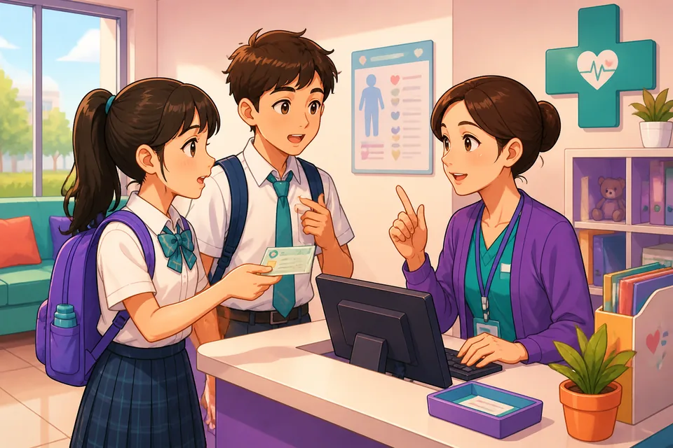 A colorful classroom scene showing students working on a group project; the scene highlights school vocabulary in Simplified Chinese.