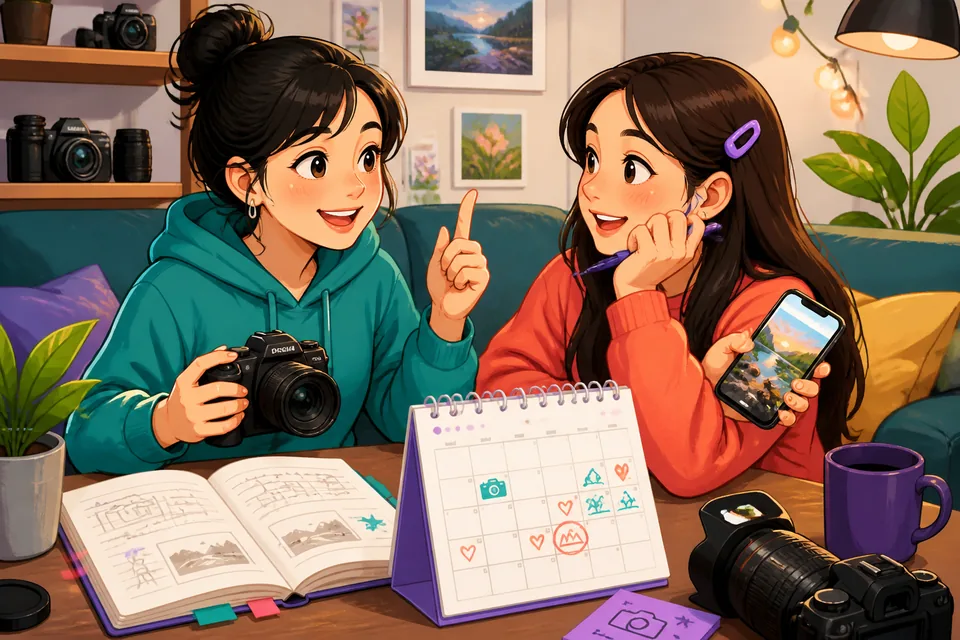Anna and David talking about being a beginner and practicing more, illustrated for the Hobbies lesson in Simplified Chinese.