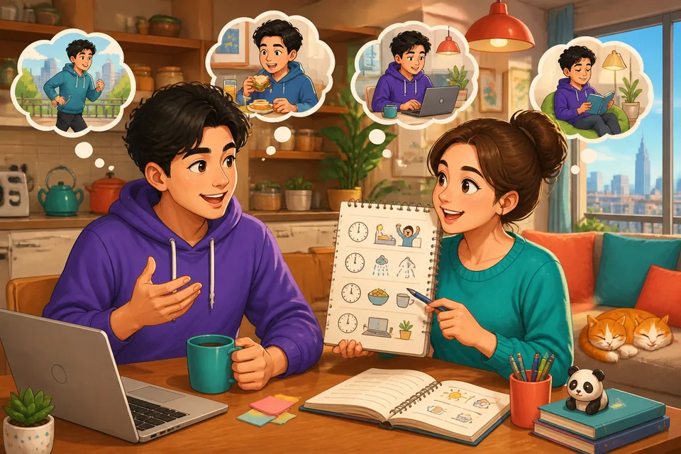 A cozy kitchen scene showing morning actions (alarm clock, coffee) with Simplified Chinese labels about routines.