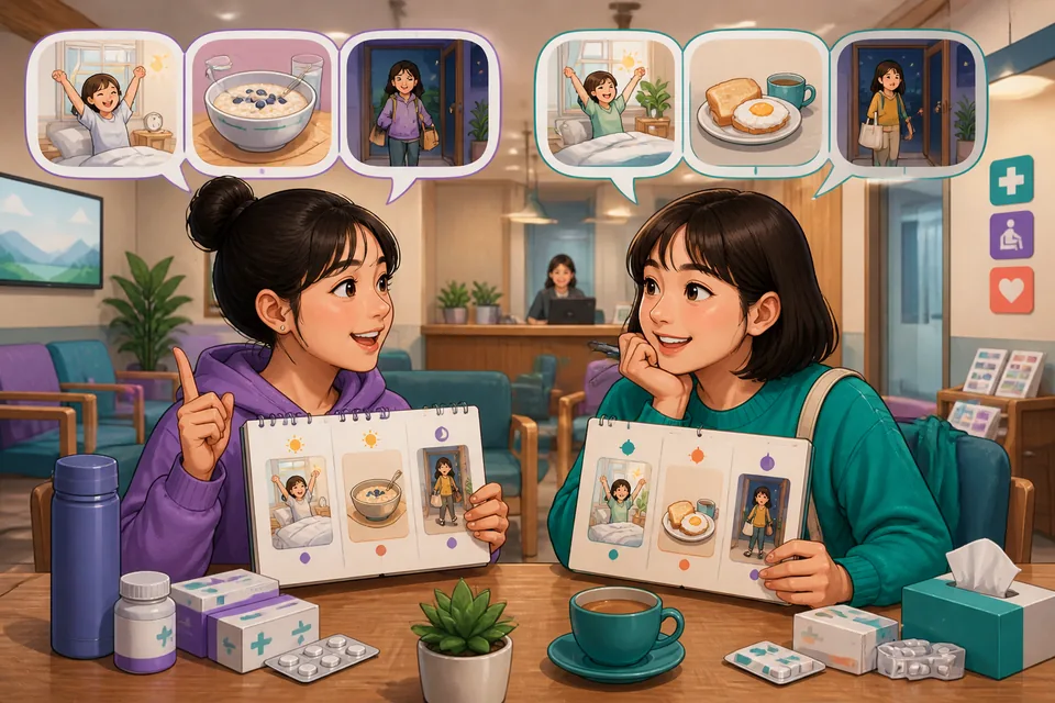 Two friends at a small café talking about wake-up time, breakfast and when they get home — illustrates the lesson's routine conversation in Simplified Chinese.