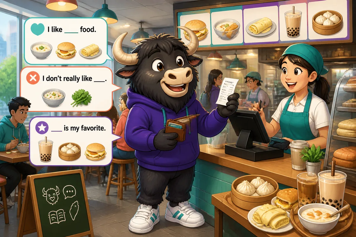 A friendly table with Chinese dishes, showing people talking about food preferences in Simplified Chinese; bright, appetizing scene for Food Preferences lesson.