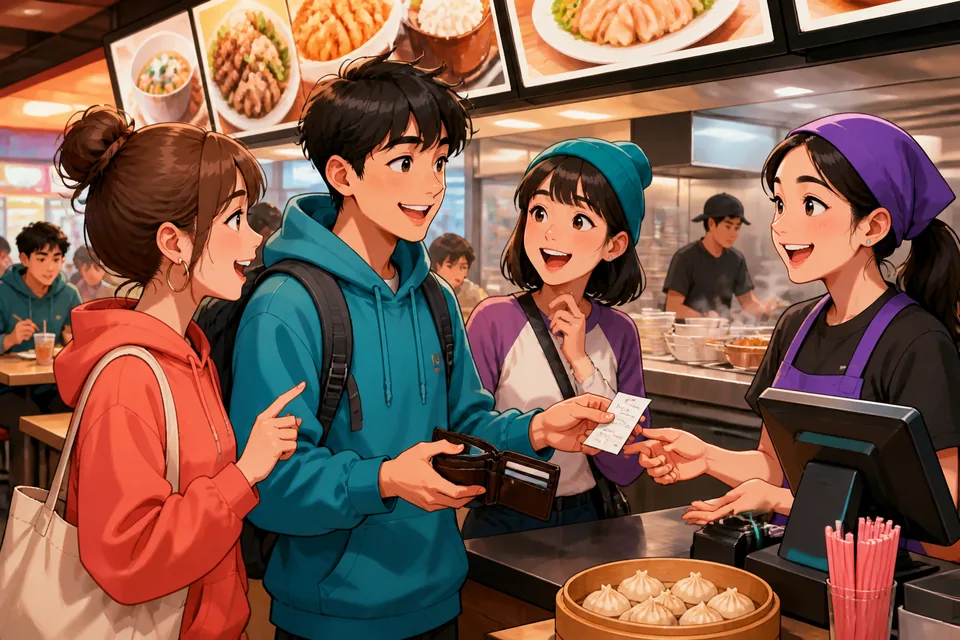 Two friends at a small restaurant pointing at a menu and asking about ingredients in Simplified Chinese for the Food Preferences theme.
